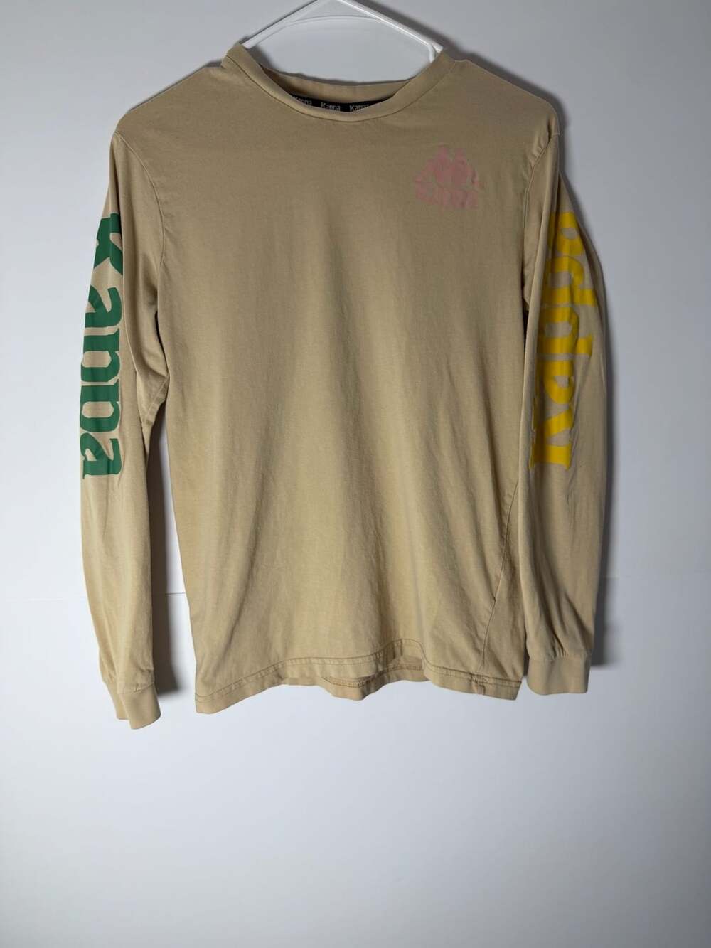 Kappa Long Sleeve T-Shirt Small Beige Colorful Logo Sleeves
